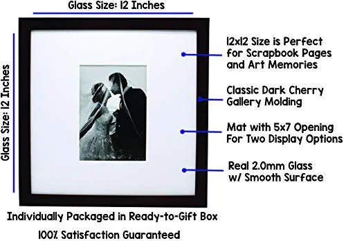 12x12 Black Wood Gallery Picture Frame with Mat to 5x7 - Wide Molding - Great for Scrapbooking - Includes Both Attached Hanging Hardware and Desktop Easel - Display Pictures 12 x 12