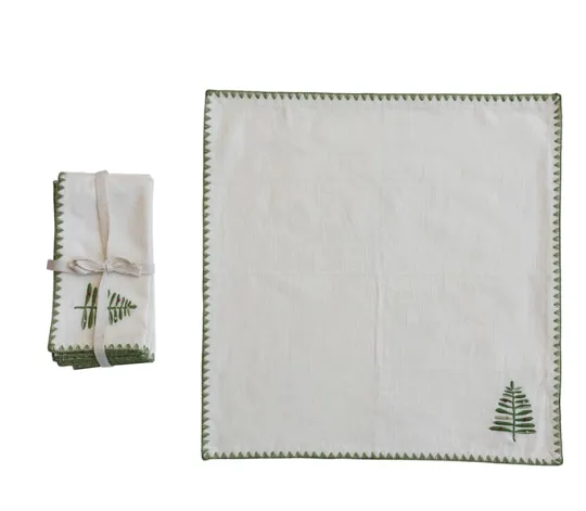 18" Square Cotton Napkins w/ Embroidered Tree S/4