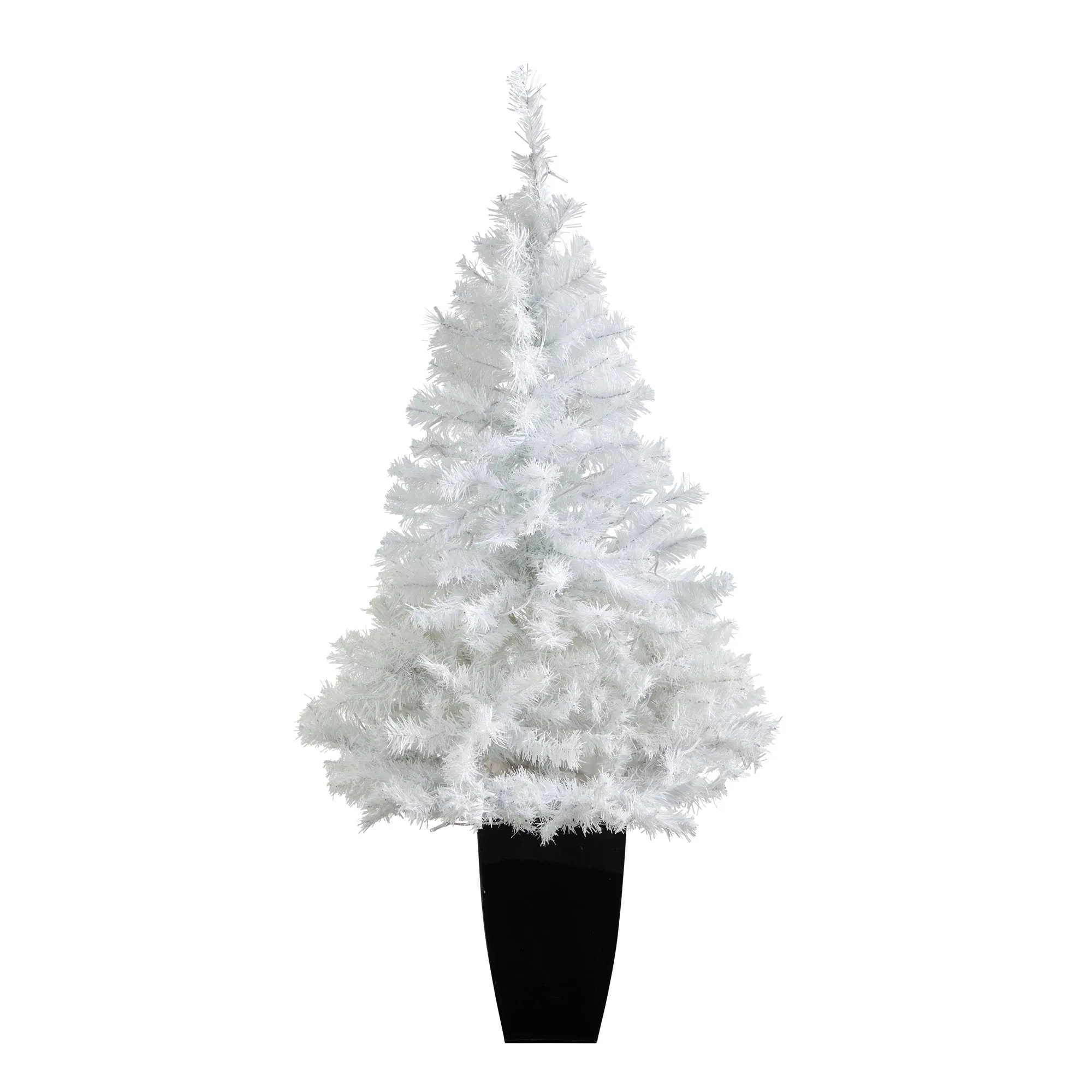 50” White Artificial Christmas Tree with 100 Clear LED Lights in Black Metal Planter