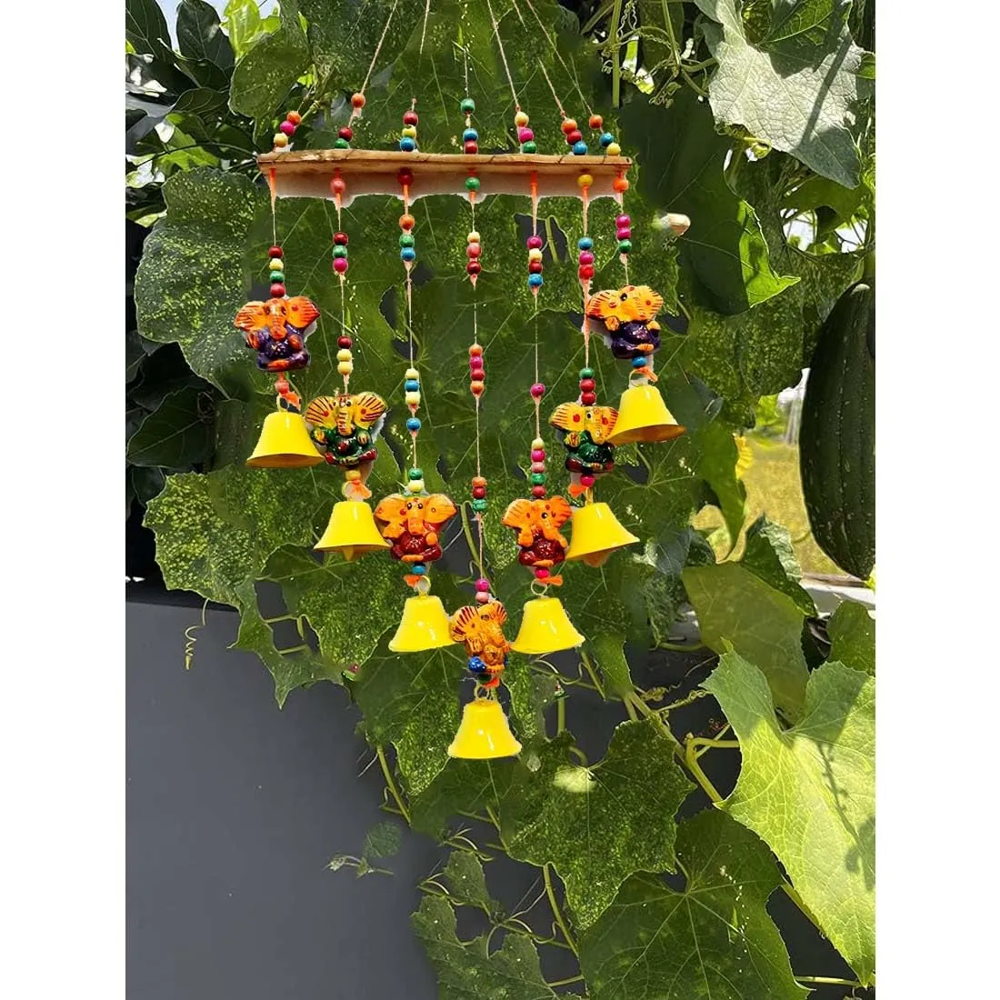 Abhinandan Decors Rajasthani Handcrafted Windchimes Home Decoration Wall Hanging Ganesh Ganpati Elephant Wind Chime Latkan with Bells for Temple, Entrance, House Warming Festivals Home Décor