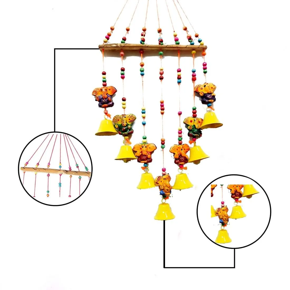 Abhinandan Decors Rajasthani Handcrafted Windchimes Home Decoration Wall Hanging Ganesh Ganpati Elephant Wind Chime Latkan with Bells for Temple, Entrance, House Warming Festivals Home Décor