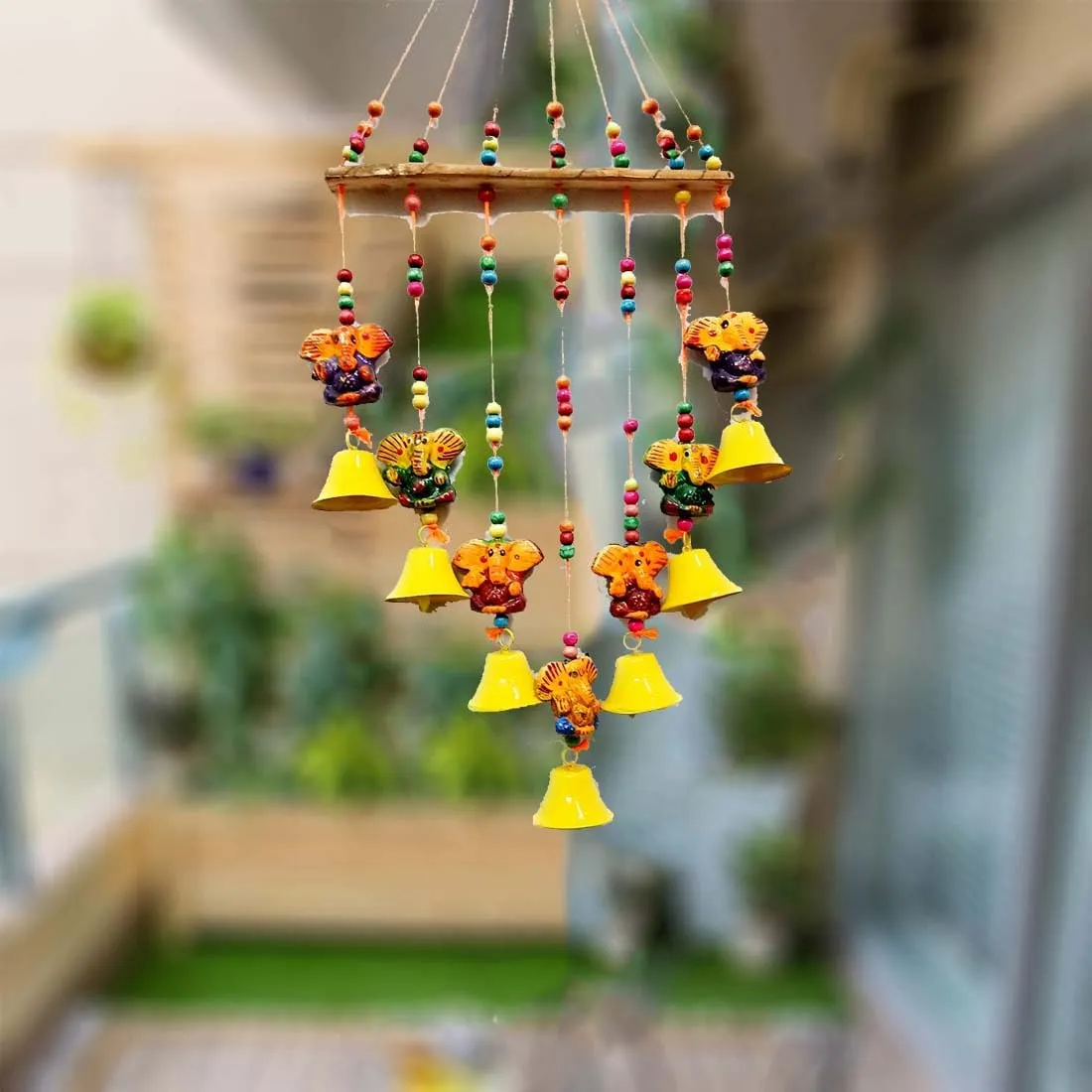 Abhinandan Decors Rajasthani Handcrafted Windchimes Home Decoration Wall Hanging Ganesh Ganpati Elephant Wind Chime Latkan with Bells for Temple, Entrance, House Warming Festivals Home Décor