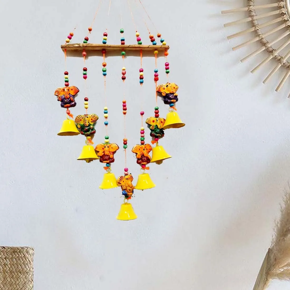 Abhinandan Decors Rajasthani Handcrafted Windchimes Home Decoration Wall Hanging Ganesh Ganpati Elephant Wind Chime Latkan with Bells for Temple, Entrance, House Warming Festivals Home Décor