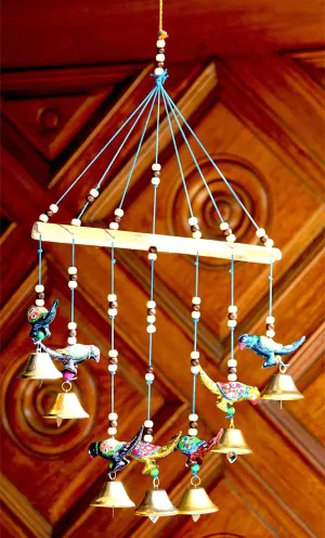 Anupam Enterprises Bamboo Indian Rajasthani Handmade Traditional Art Home Decoration Wall Hanging Peacock Wind Chime with Bells for Temple, Entrance, House Warming (Multicolor)