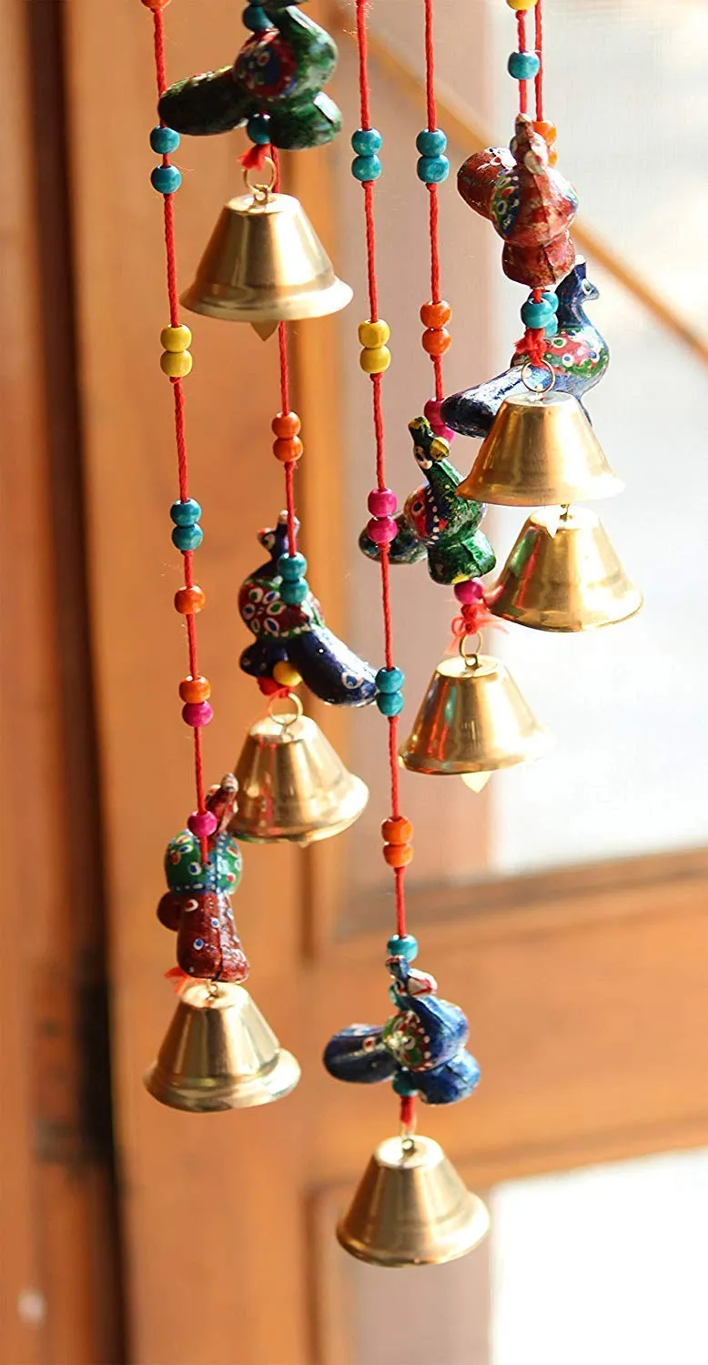 Anupam Enterprises Indian Paper Mache Rajasthani Handmade Traditional Art Home Decoration Wall Hanging Peacock Wind Chime with Bells (Multicolour)