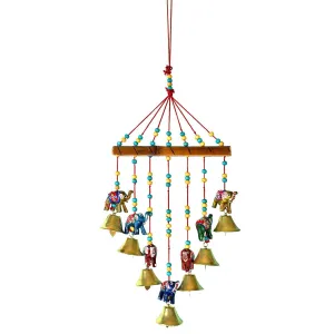 Anupam Enterprises Indian Rajasthani Handmade Traditional Art Home Decoration Paper mache Wall Hanging Elephant Wind Chime with Bells for Temple, House, Festivals Gifting Option (Multicolor)