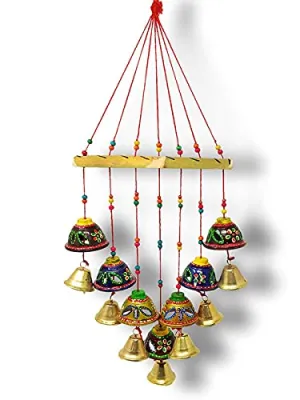 Anupam Enterprises Indian Rajasthani Handmade Traditional Art Home Decoration Wall Hanging Latkan Wind Chime with Bells for Temple, Home, Entrance, House Warming and Festivals Gifting Option (Multi-Color)