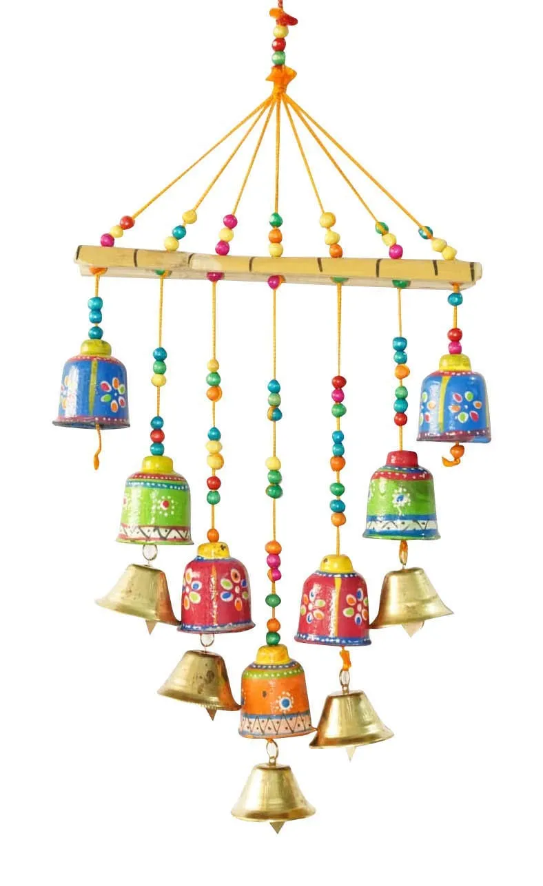 Anupam Enterprises Indian Rajasthani Handmade Traditional Art Home Decoration Wall Hanging Paper Mache Wind Chime with Bells for Temple, Entrance, House Warming and Festivals (Multicolour)