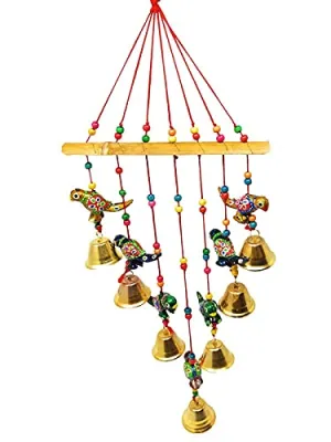 Anupam Enterprises Indian Rajasthani Handmade Traditional Art Home Decoration Wall Hanging Wind Chime with Bells and Birds for Temple, Home, Entrance, House Warming and Festivals Gifting Option (Multi-Color)