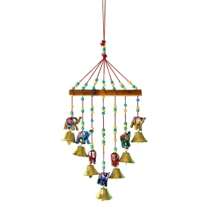 Anupam Enterprises Indian Rajasthani Handmade Traditional Art Home Decoration Wall Hanging Wind Chime with Bells and Elephants for Temple, Home, Entrance, House Warming and Festivals Gifting Option (Multi-Color)