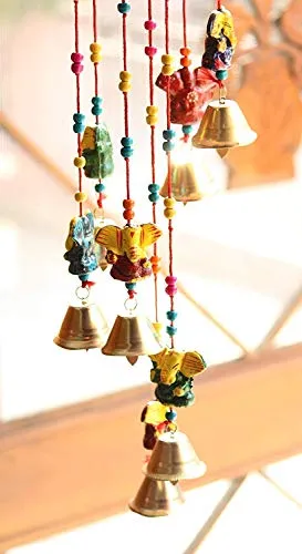 Anupam Enterprises Metal Indian Rajasthani Handmade Traditional Art Home Decoration Wall Hanging Ganesh Ganpati Wind Chime With Bells For Temple, Entrance, House Warming And Festivals (Multicolour)