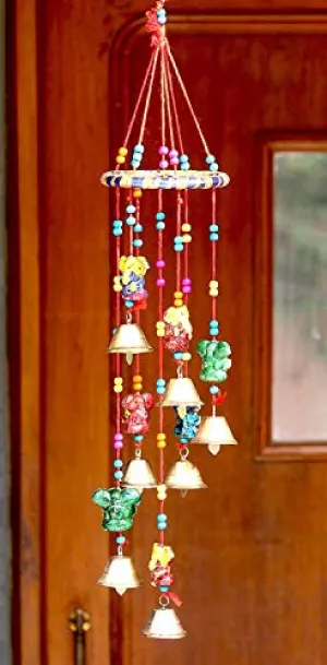 Anupam Enterprises Metal Indian Rajasthani Handmade Traditional Art Home Decoration Wall Hanging Ganesh Ganpati Wind Chime With Bells For Temple, Entrance, House Warming And Festivals (Multicolour)