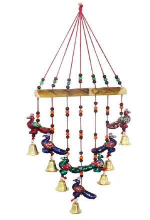 Anupam Enterprises Paper mache Indian Rajasthani Handmade Traditional Art Home Decoration Wall Hanging Peacock Wind Chime with Bells (Multicolour)