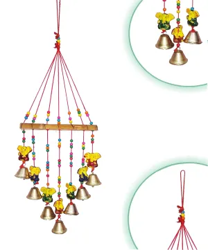 Anupam Indian Rajasthani Handmade Traditional Art Home Decoration Wall Hanging Ganesha Wind Chime with Bells for Temple, House, Entrance, House Warming & Festivals Gifting Option (Multi-Color)