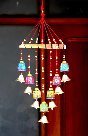 Anupam Indian Rajasthani Handmade Traditional Art Home Decoration Wall Hanging Wind Chime with Bells for Temple, House, Entrance, House Warming & Festivals Gifting Option (Multi-Color)