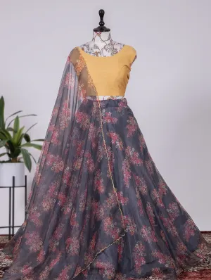 Captivating Grey Floral Lehenga Choli Set - Organza & Beglory Fabric