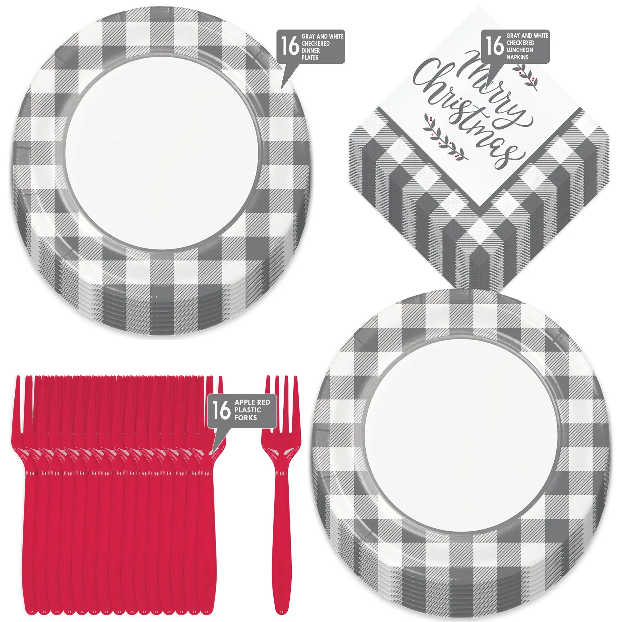 Christmas Party Gray Plaid Check Paper Dinner Plates, Merry Christmas Holly Lunch Napkins & Forks