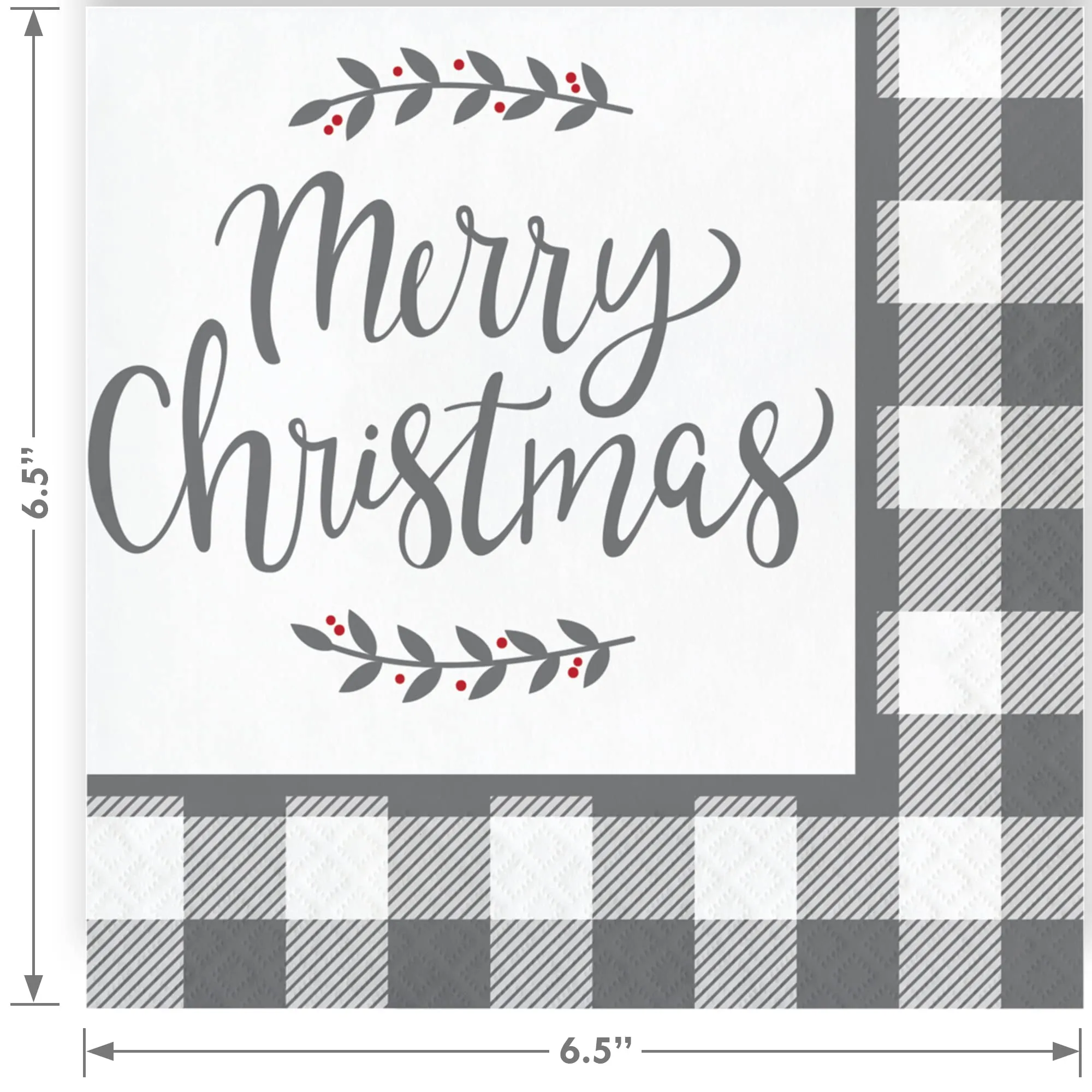 Christmas Party Gray Plaid Check Paper Dinner Plates, Merry Christmas Holly Lunch Napkins & Forks