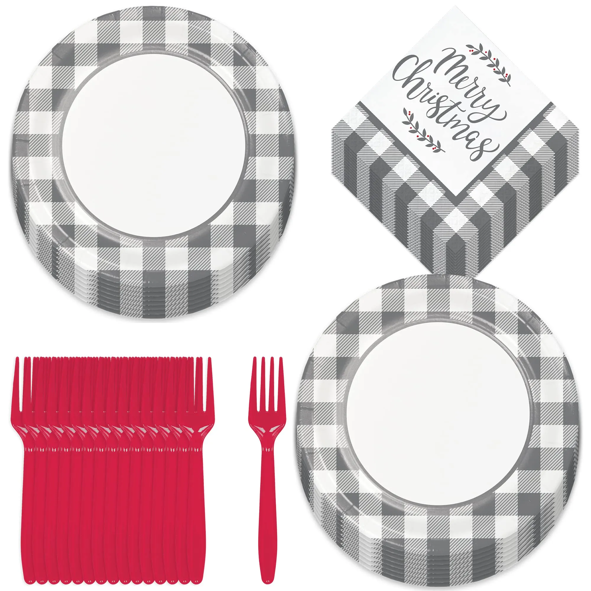 Christmas Party Gray Plaid Check Paper Dinner Plates, Merry Christmas Holly Lunch Napkins & Forks