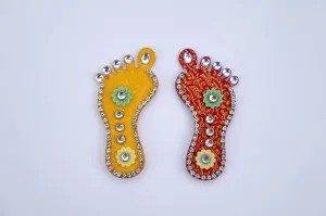 COCKTAIL Lakshmi Charan Paduka Wall Stickers- Set of 3, Red & Yellow | Lucky Charm Footprints of Maha Lakshmi for Diwali Pooja and Festival Decorations- Acrylic