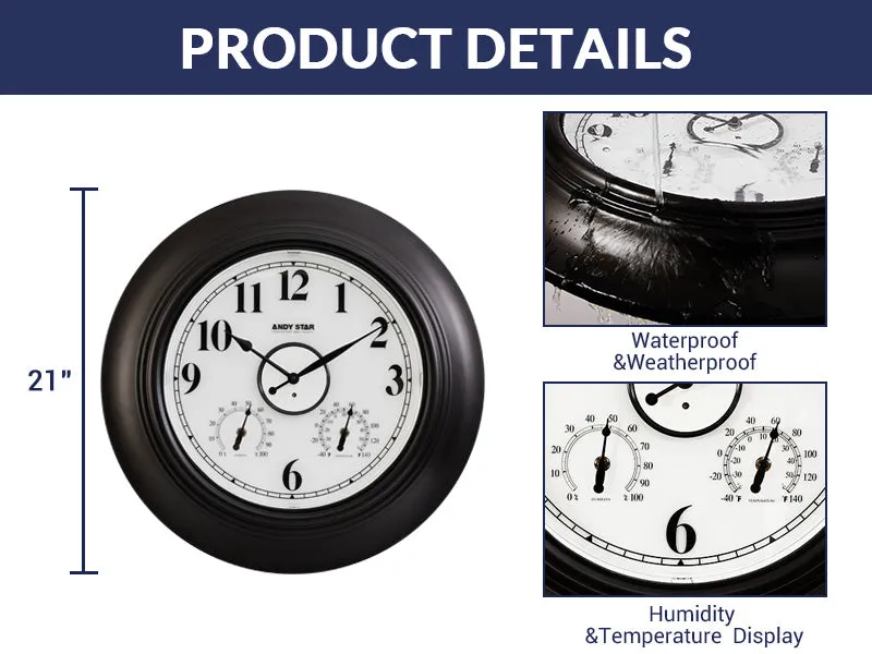 Contemporary Illuminated Outdoor Clock with Thermometer Weatherproof Waterproof | Black, 21 inch