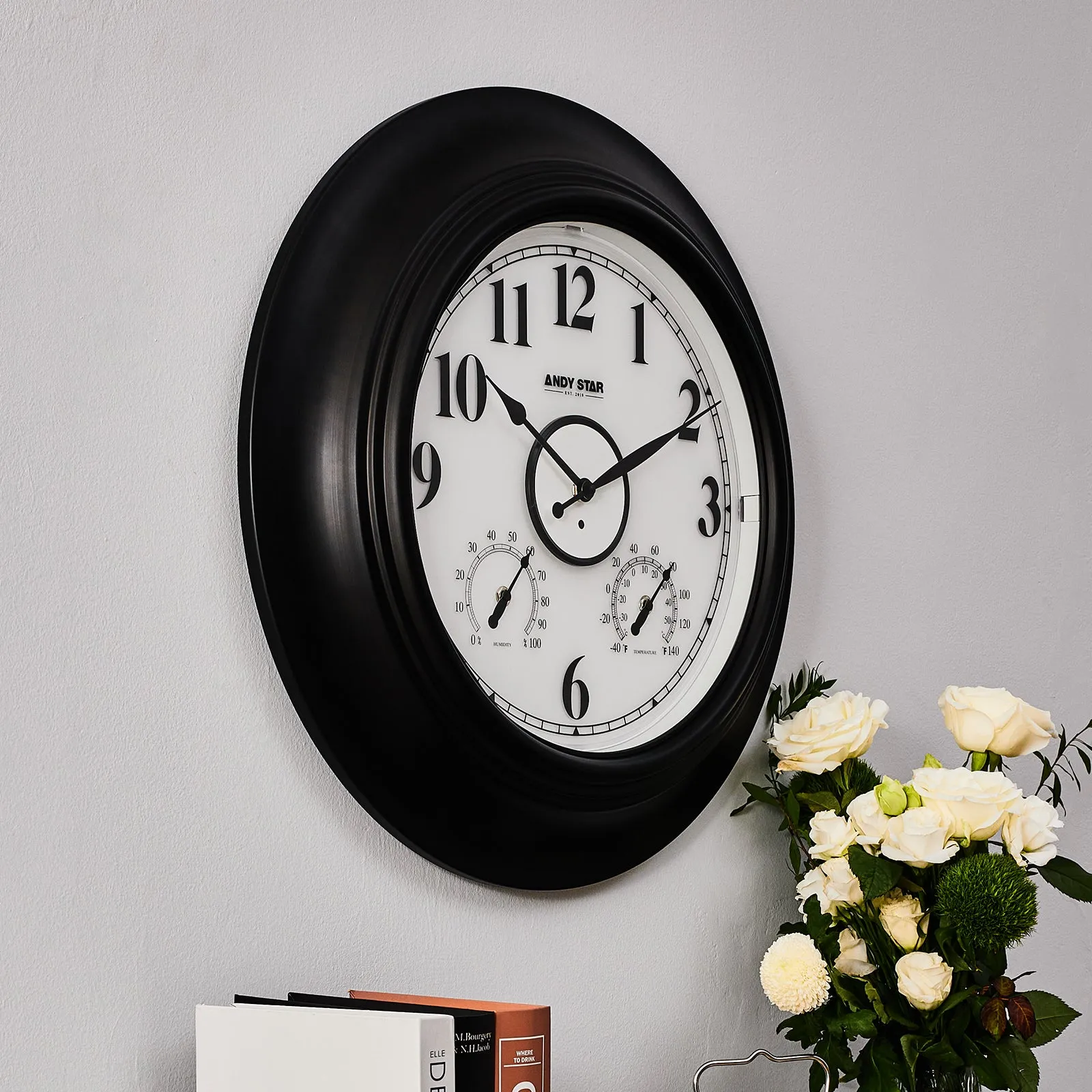 Contemporary Illuminated Outdoor Clock with Thermometer Weatherproof Waterproof | Black, 21 inch