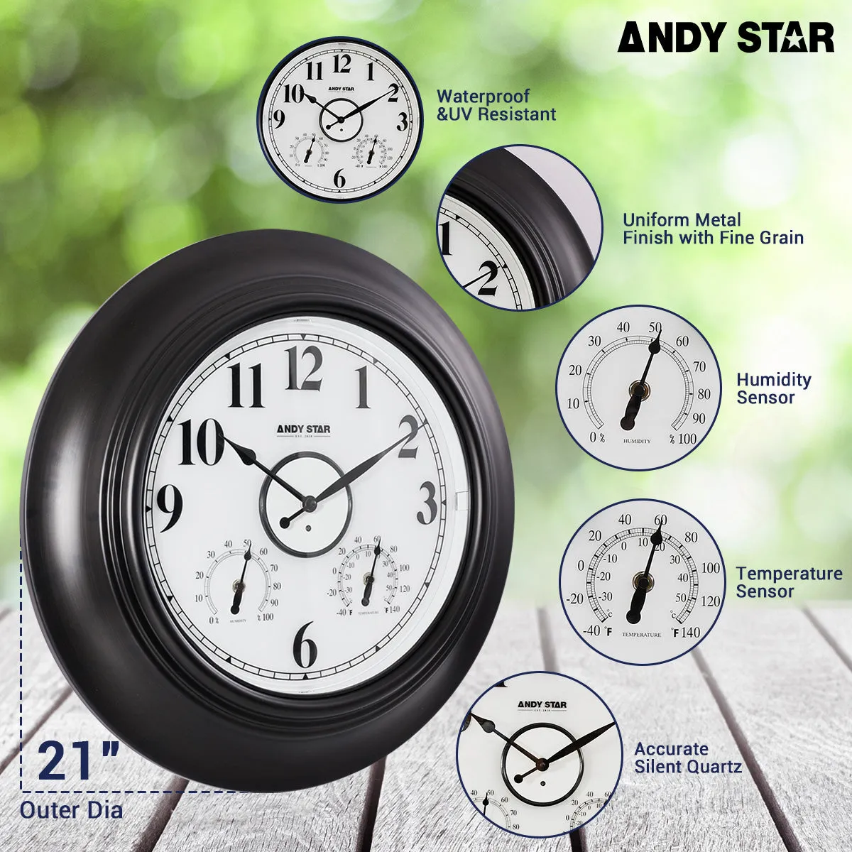 Contemporary Illuminated Outdoor Clock with Thermometer Weatherproof Waterproof | Black, 21 inch