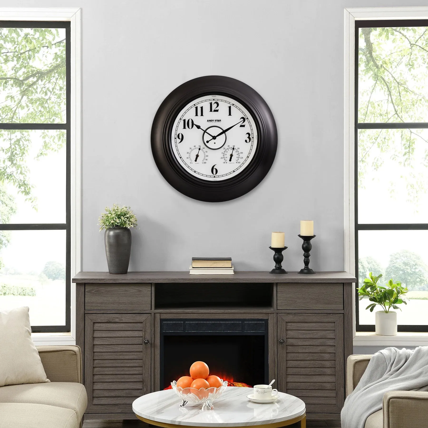 Contemporary Illuminated Outdoor Clock with Thermometer Weatherproof Waterproof | Black, 21 inch