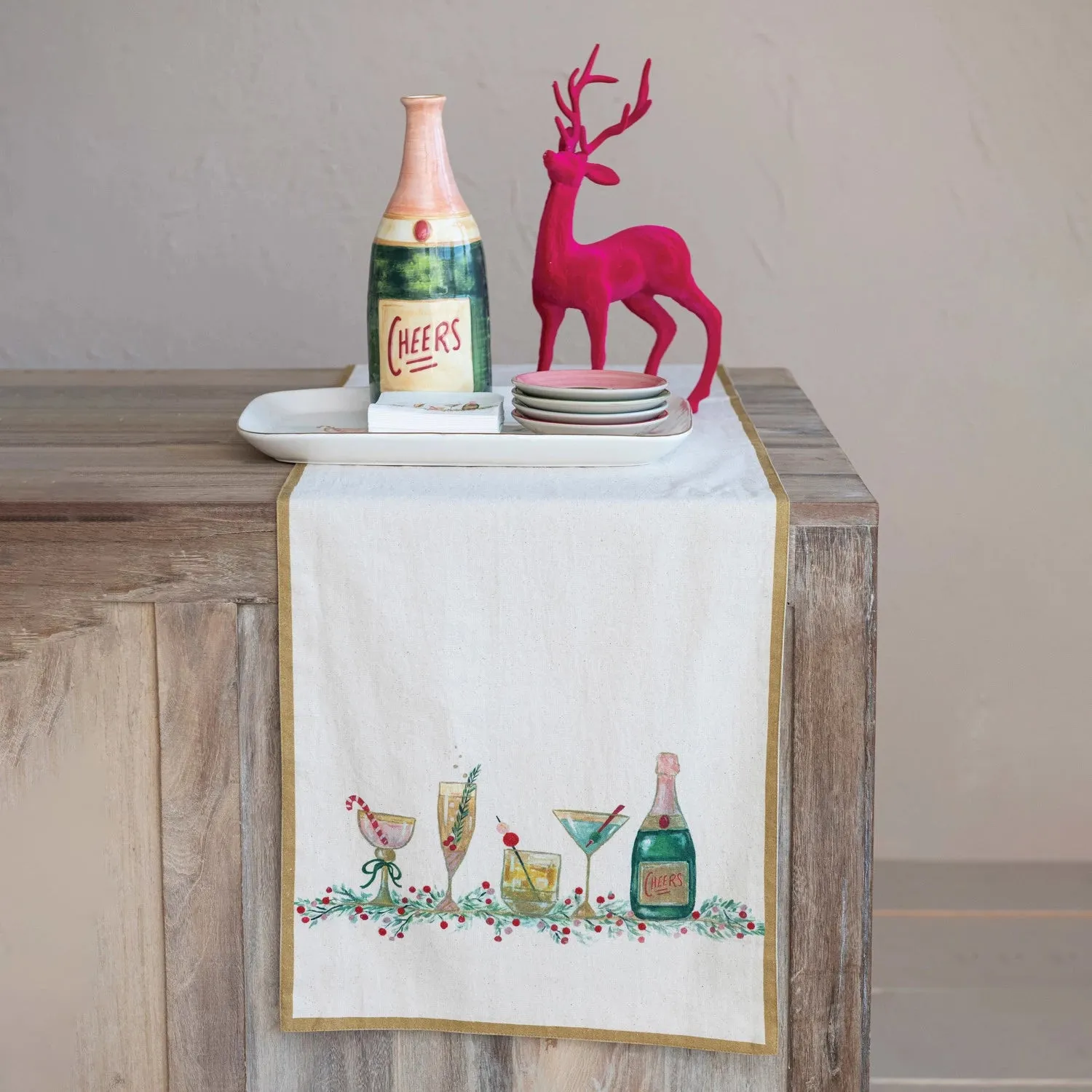 Cotton Printed Table Runner w/ Holiday Cocktails & Gold Trim, Multi Color ©