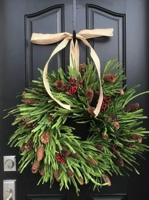 Country Christmas Wreath with Red Berries and Pinecones