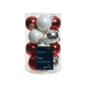 Decoris Pack of 16 3.5cm White/Red Shiny Glass Baubles