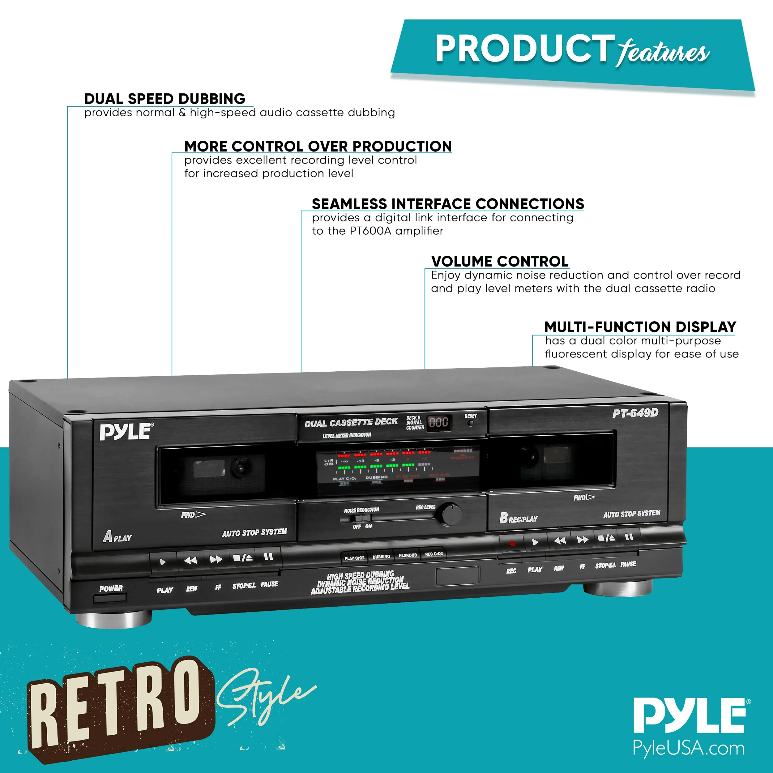 Dual Cassette Deck | Music Recording Device with RCA Cables.