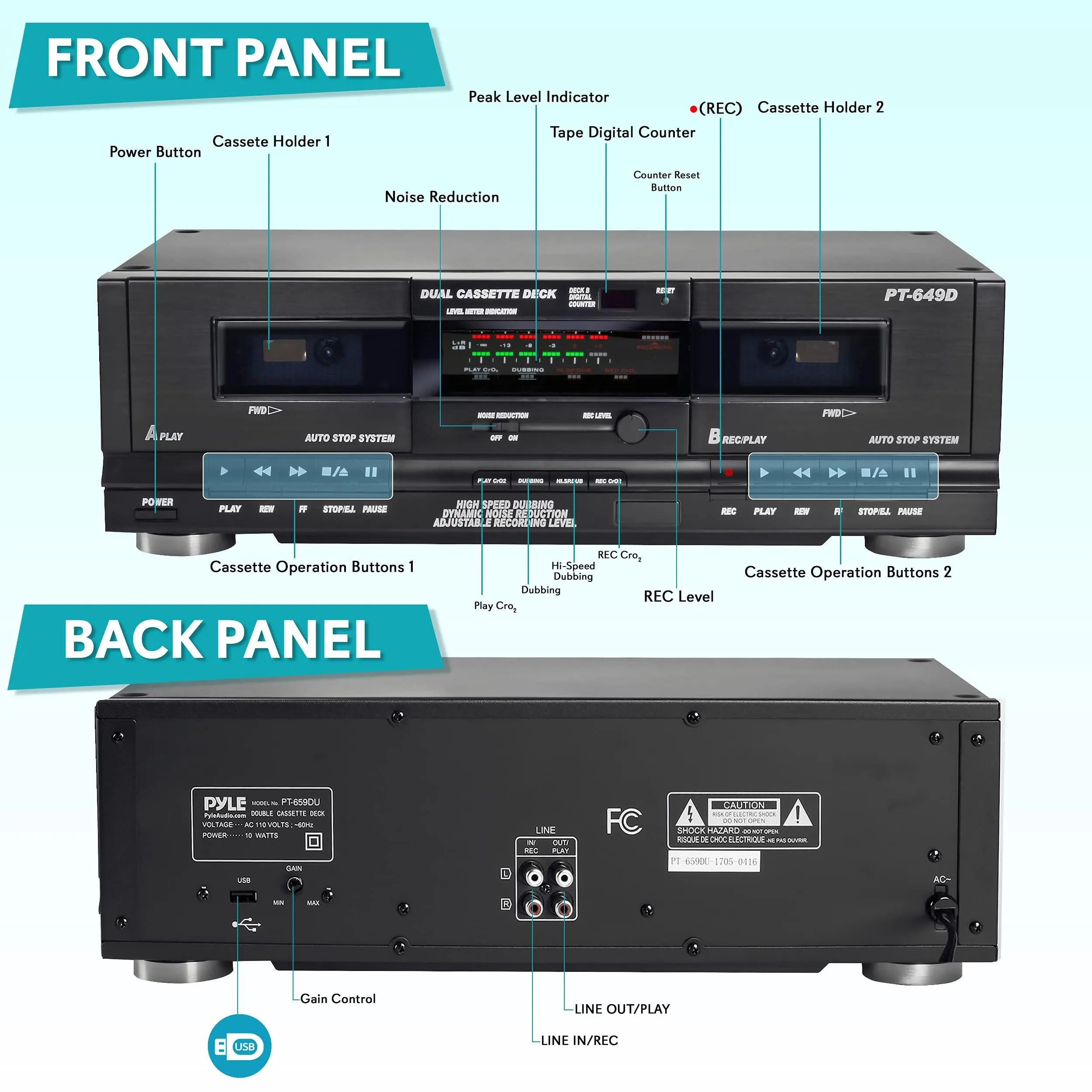 Dual Cassette Deck | Music Recording Device with RCA Cables.