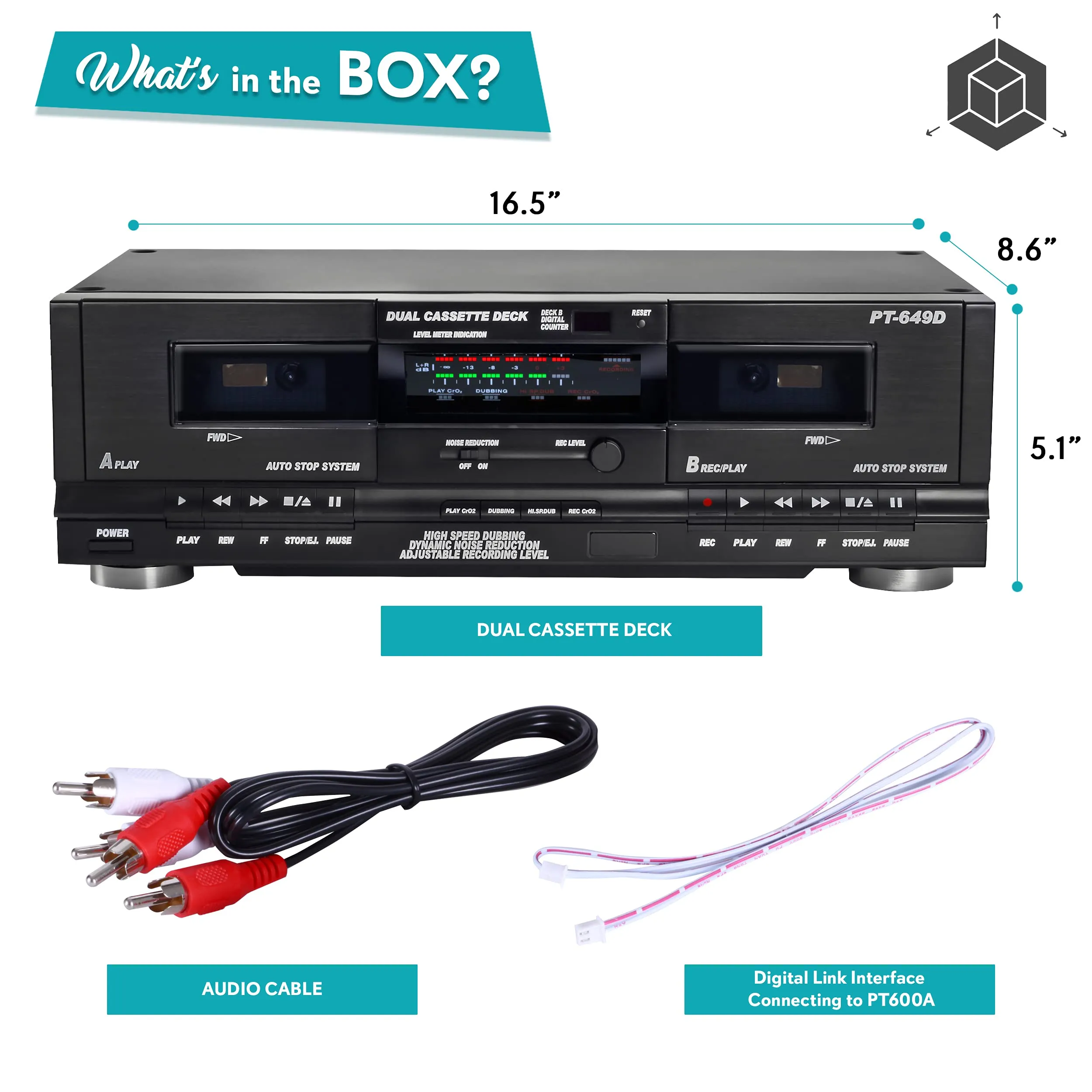 Dual Cassette Deck | Music Recording Device with RCA Cables.