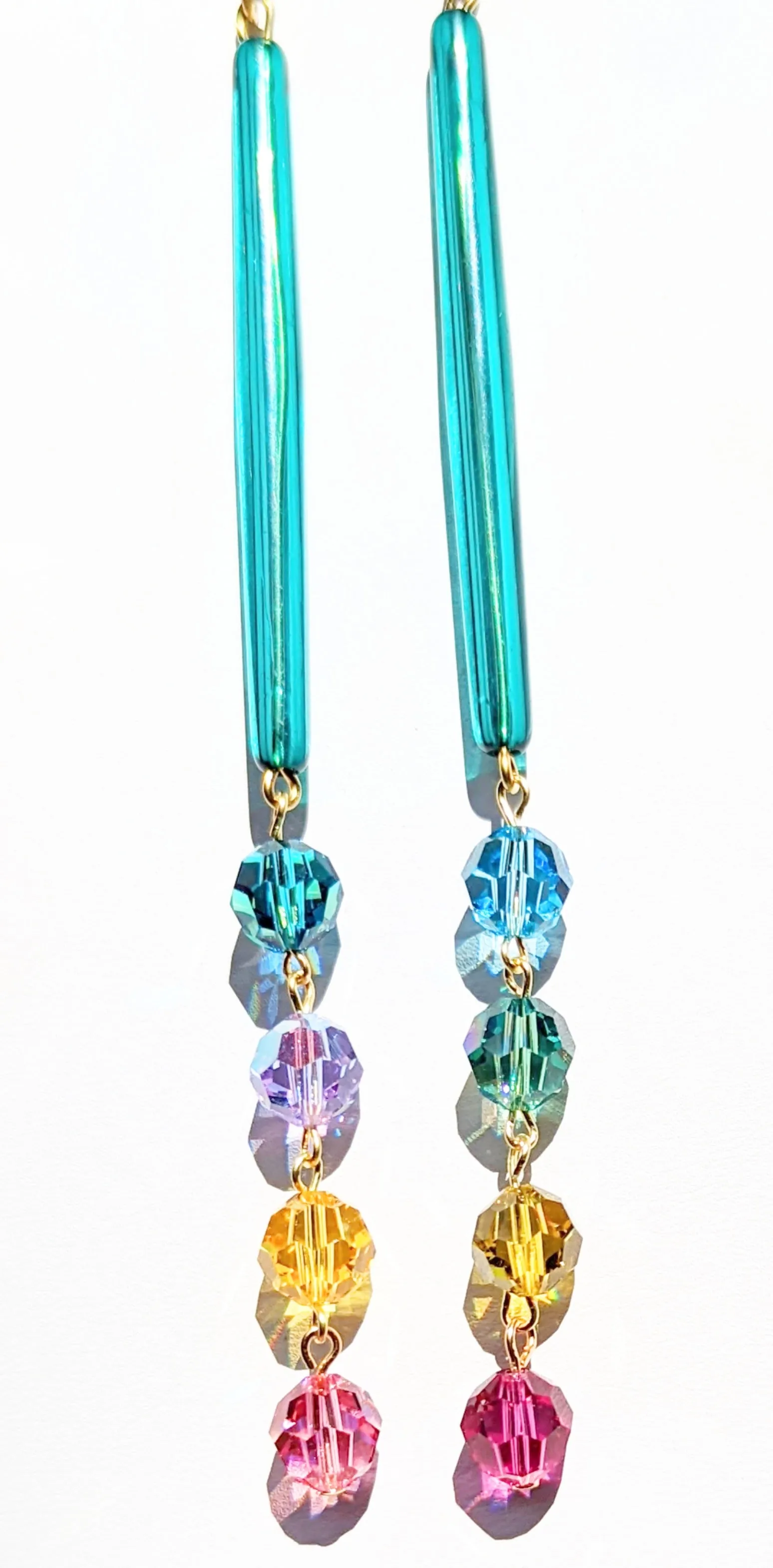 Extra long Teal Confetti Earrings Swarovski Crystals Vintage Acrylic Gay Isber Sugar Pops