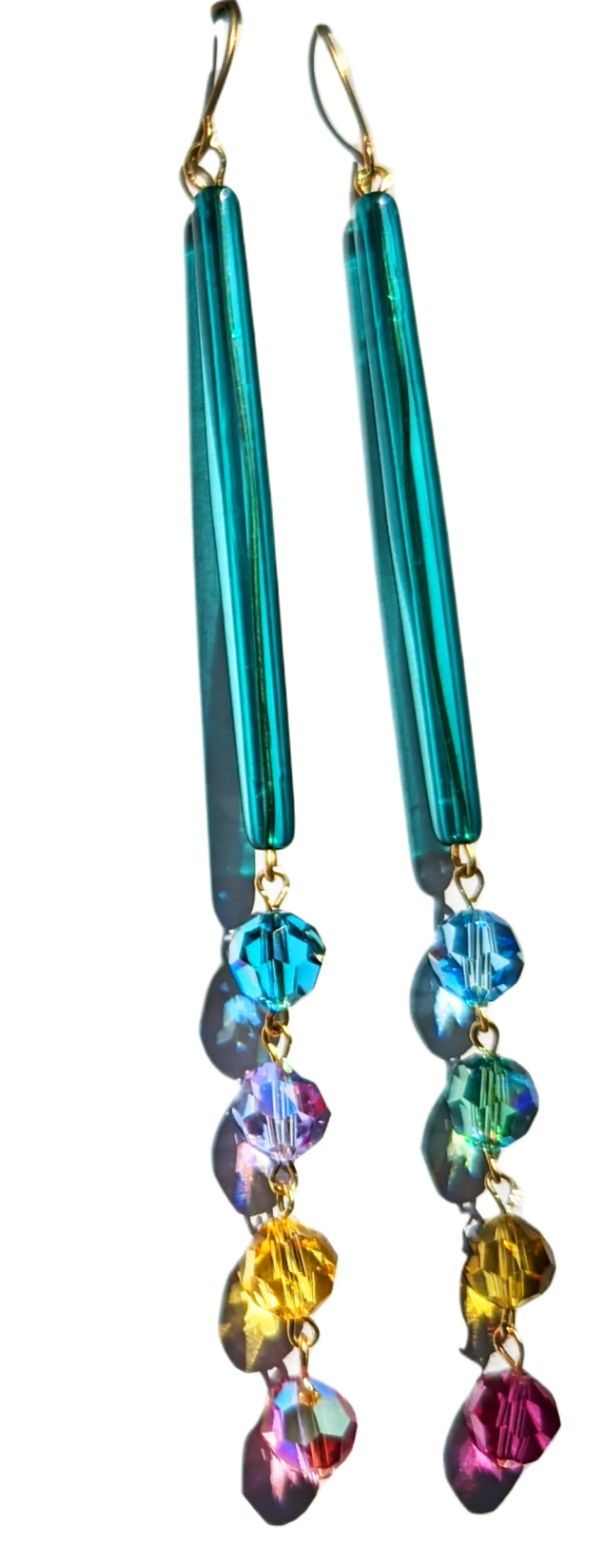 Extra long Teal Confetti Earrings Swarovski Crystals Vintage Acrylic Gay Isber Sugar Pops