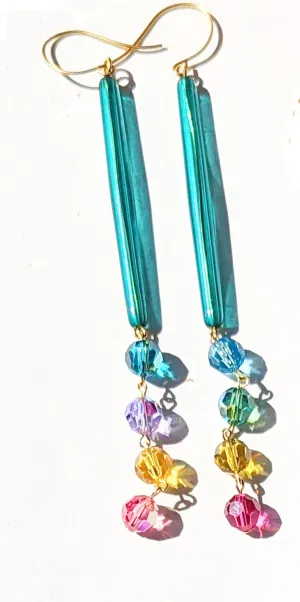 Extra long Teal Confetti Earrings Swarovski Crystals Vintage Acrylic Gay Isber Sugar Pops