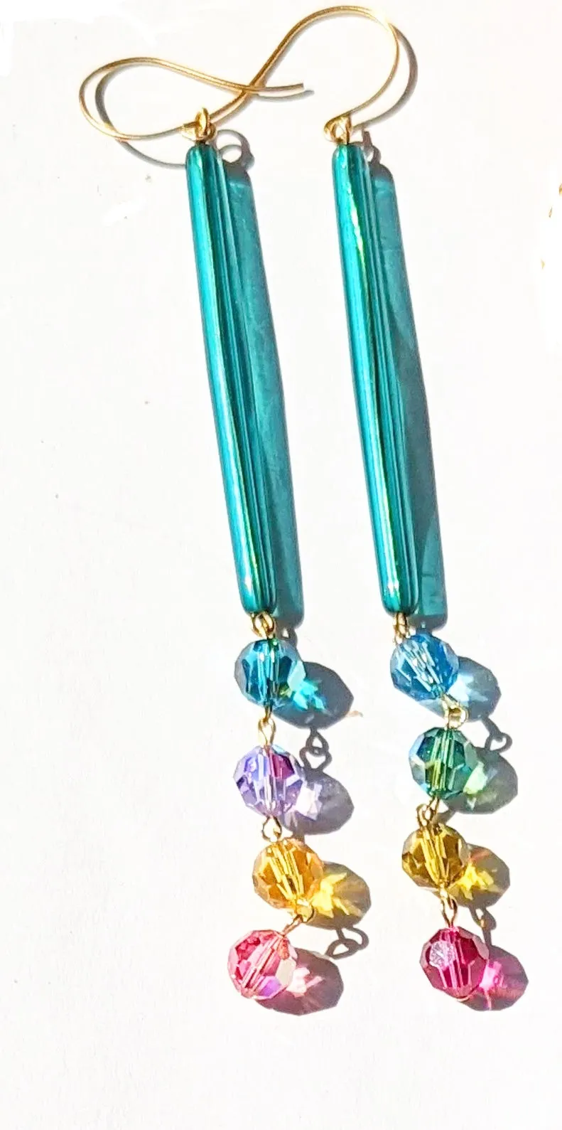 Extra long Teal Confetti Earrings Swarovski Crystals Vintage Acrylic Gay Isber Sugar Pops