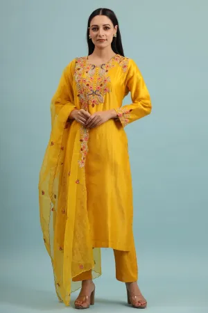 Festive Yellow Modal Chanderi Embroidered Kurta Set