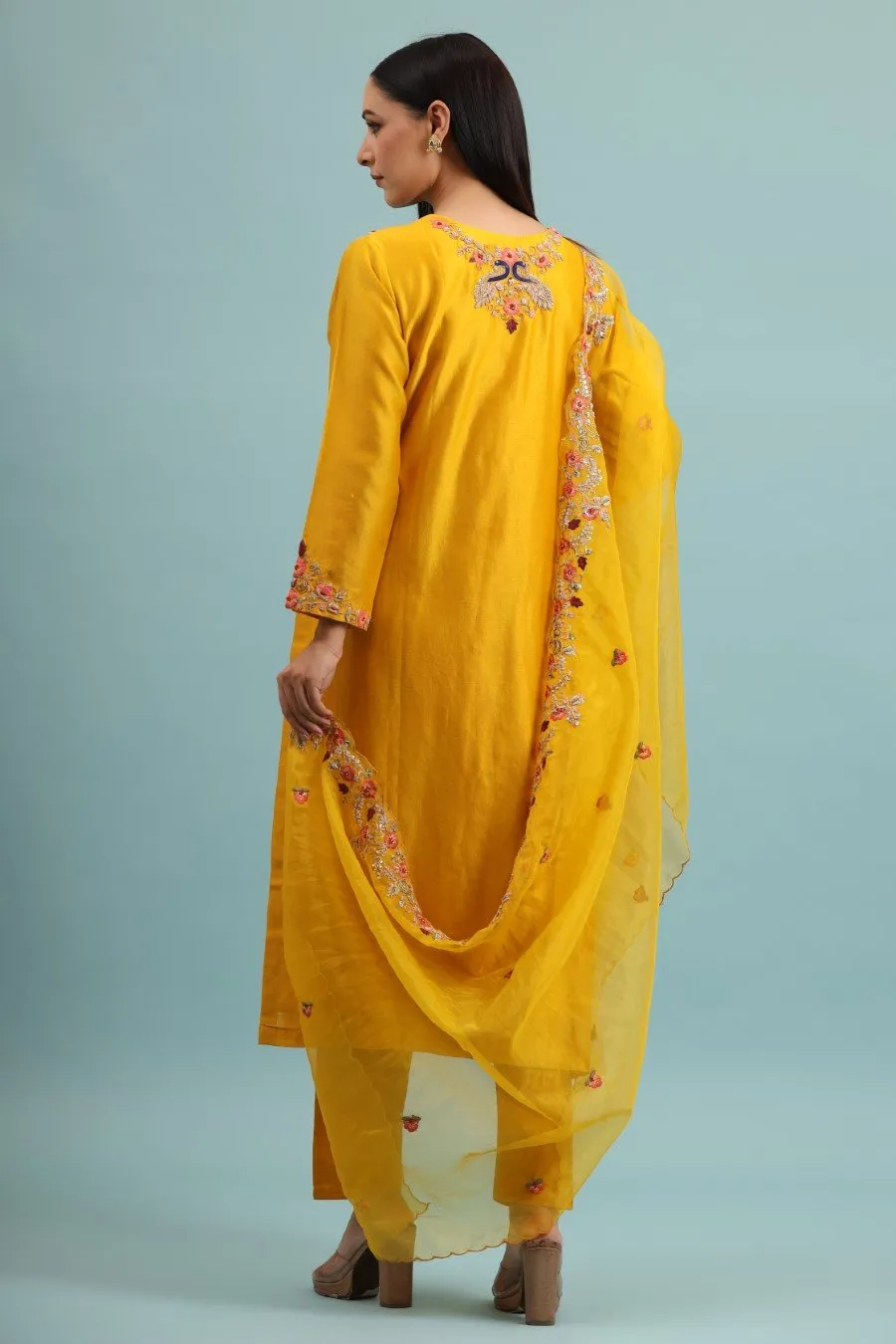 Festive Yellow Modal Chanderi Embroidered Kurta Set