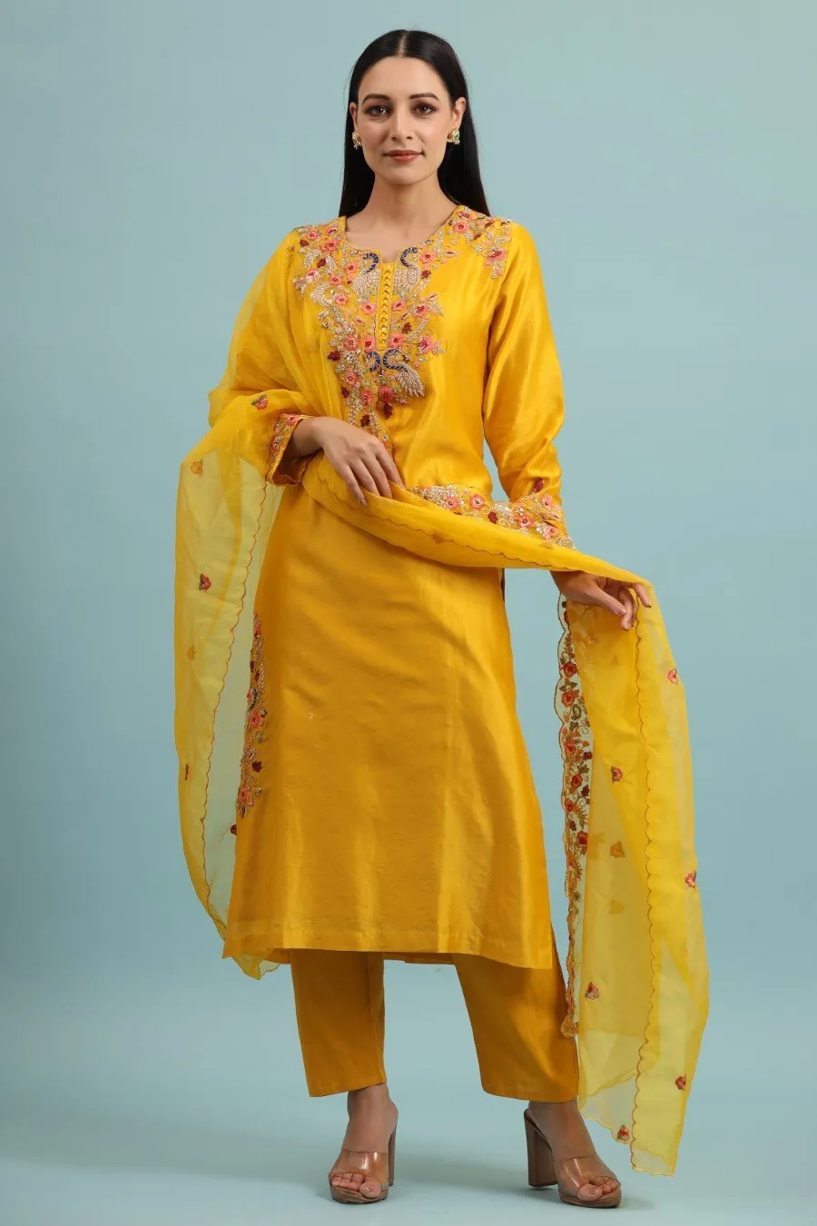 Festive Yellow Modal Chanderi Embroidered Kurta Set