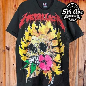 Fiery Passion: Metallica Burning Flower Single Stitch Black t shirt