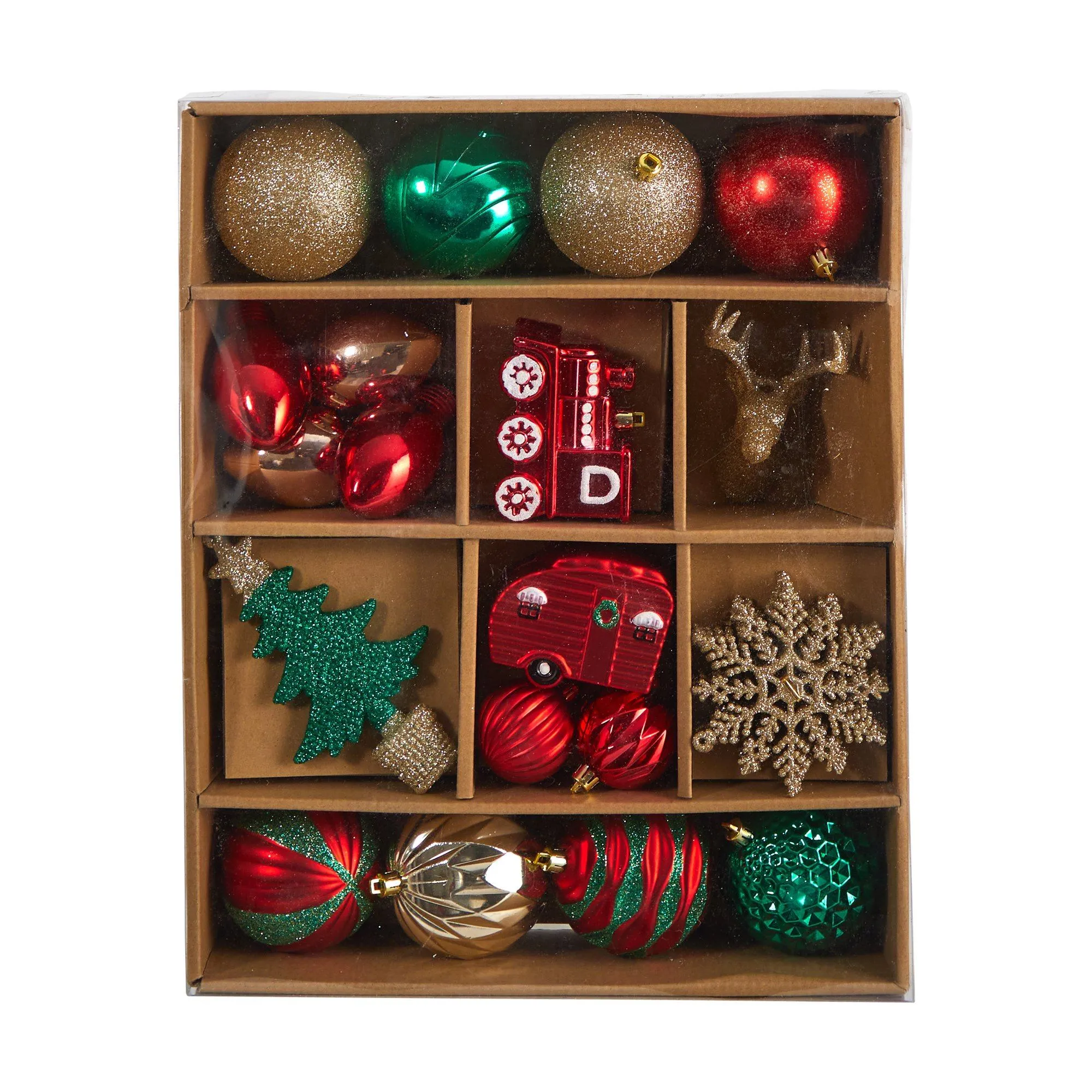 Holiday Deluxe Shatterproof, 25 Count Christmas Tree Ornament Box Set, Re-Useable Container