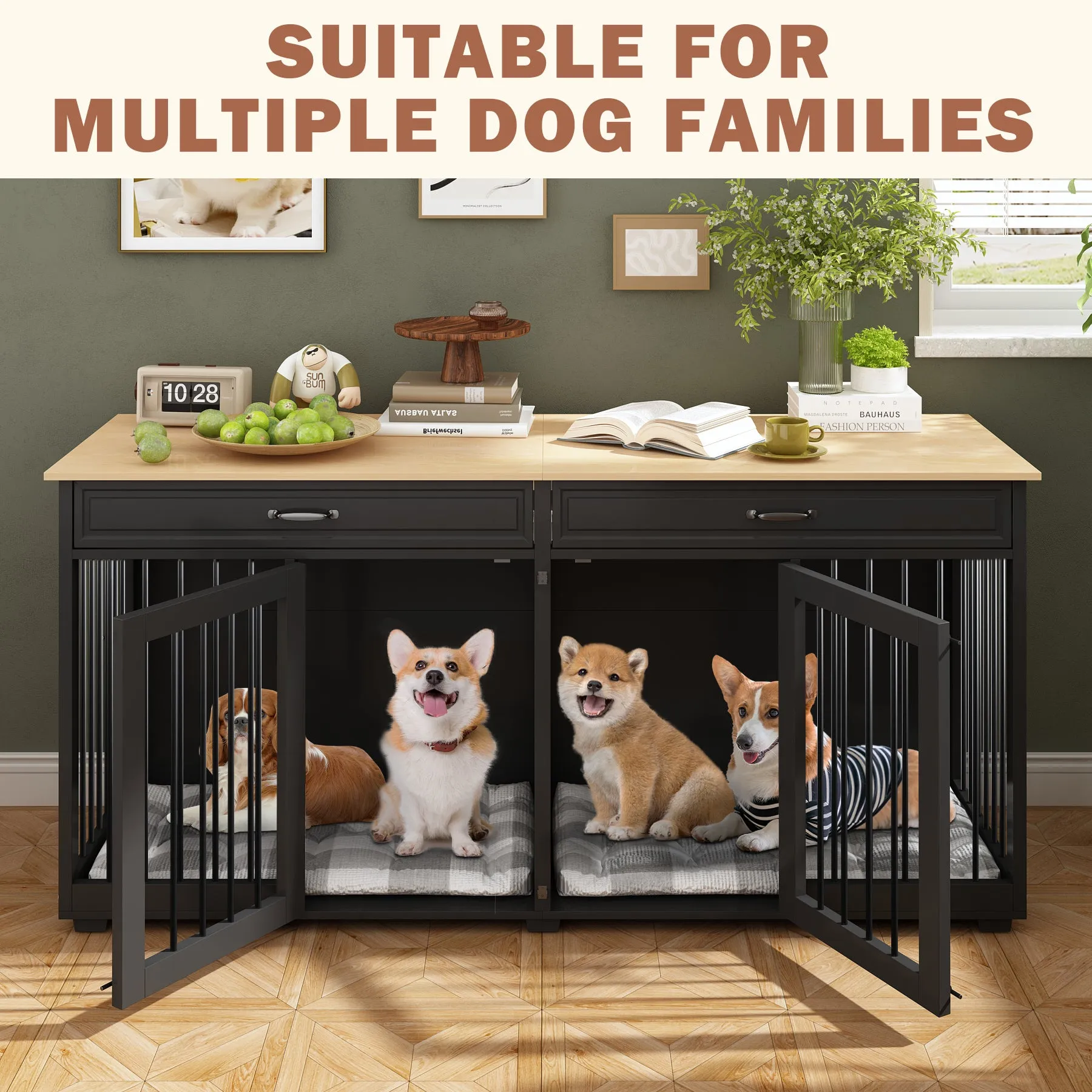 Large Wooden Dog Crate Furniture with 2 Drawers and Divider