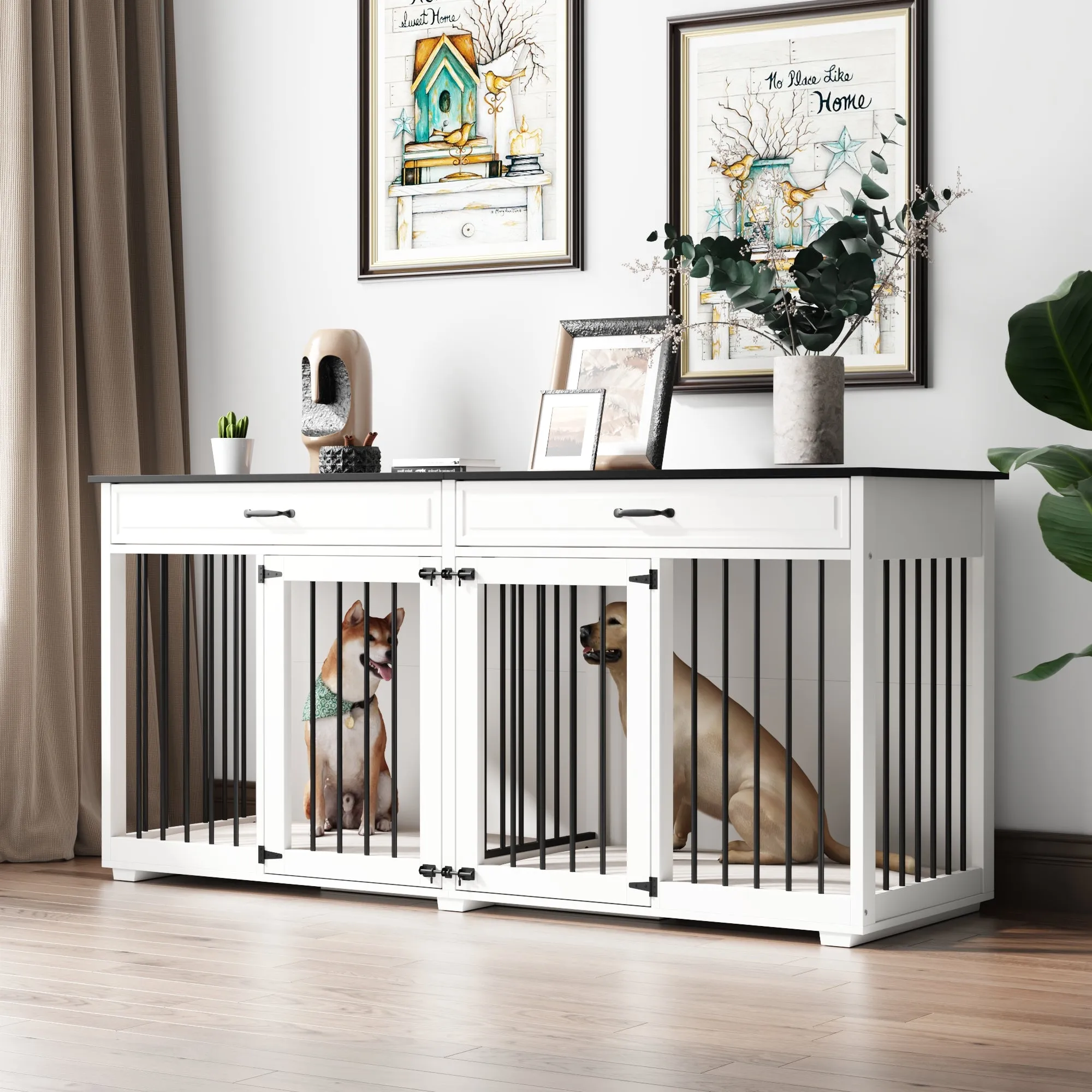 Large Wooden Dog Crate Furniture with 2 Drawers and Divider