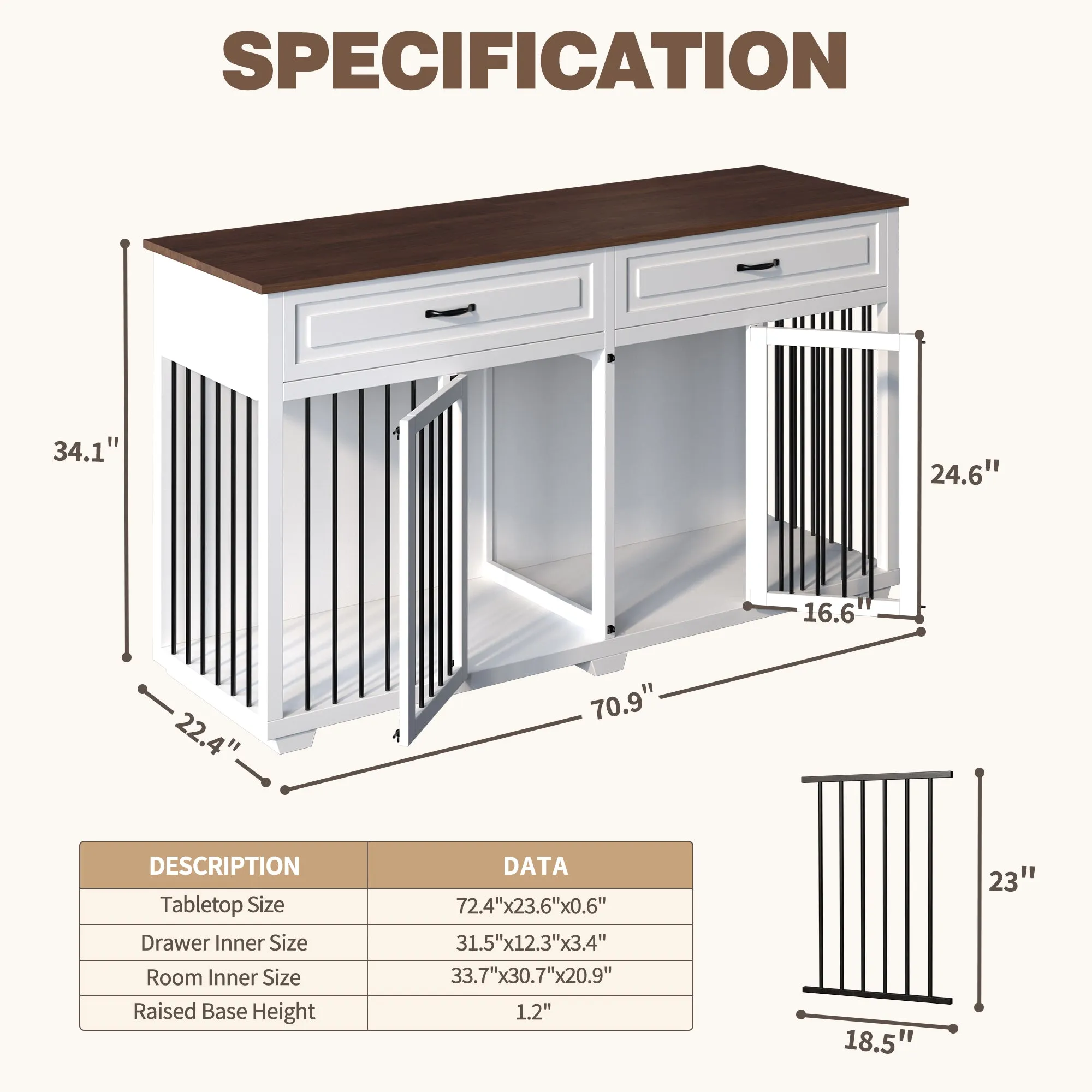 Large Wooden Dog Crate Furniture with 2 Drawers and Divider