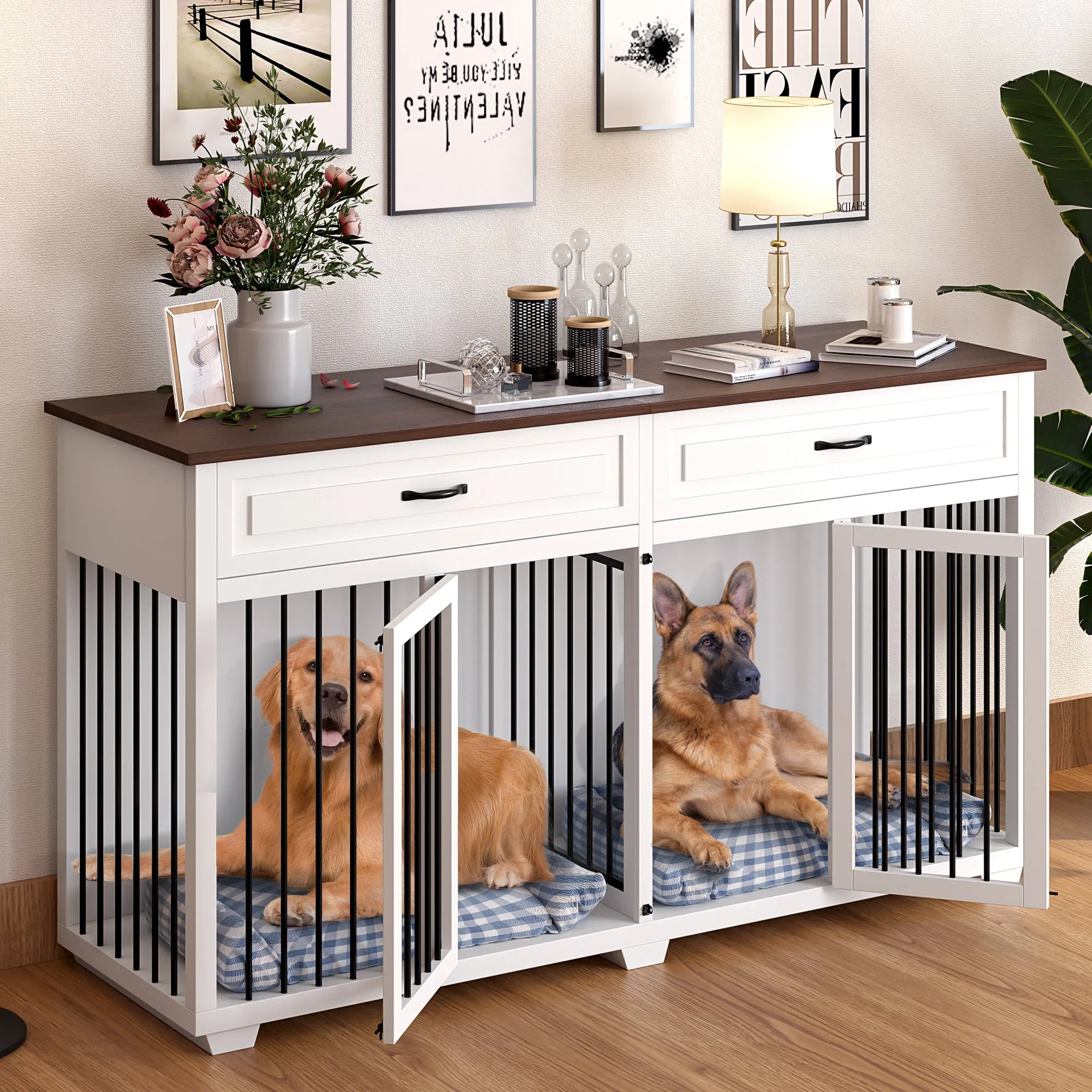 Large Wooden Dog Crate Furniture with 2 Drawers and Divider