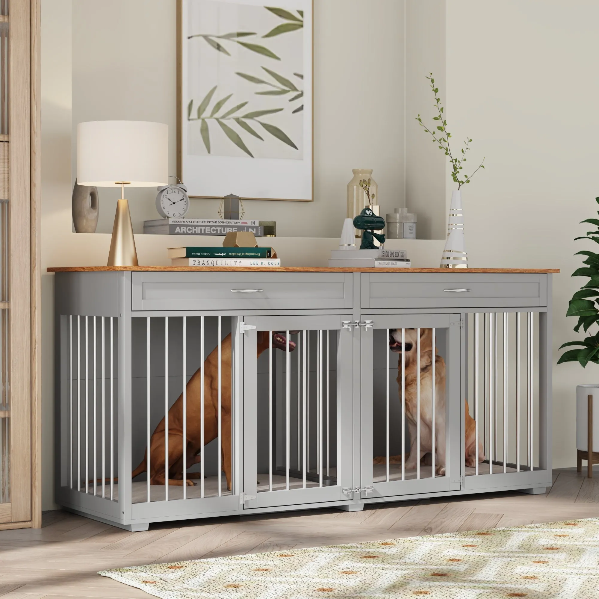 Large Wooden Dog Crate Furniture with 2 Drawers and Divider