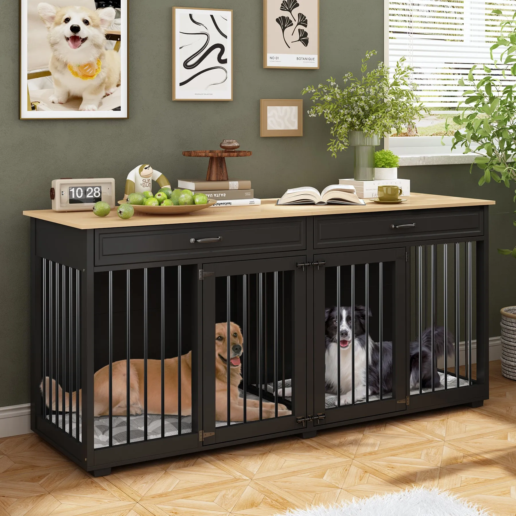 Large Wooden Dog Crate Furniture with 2 Drawers and Divider