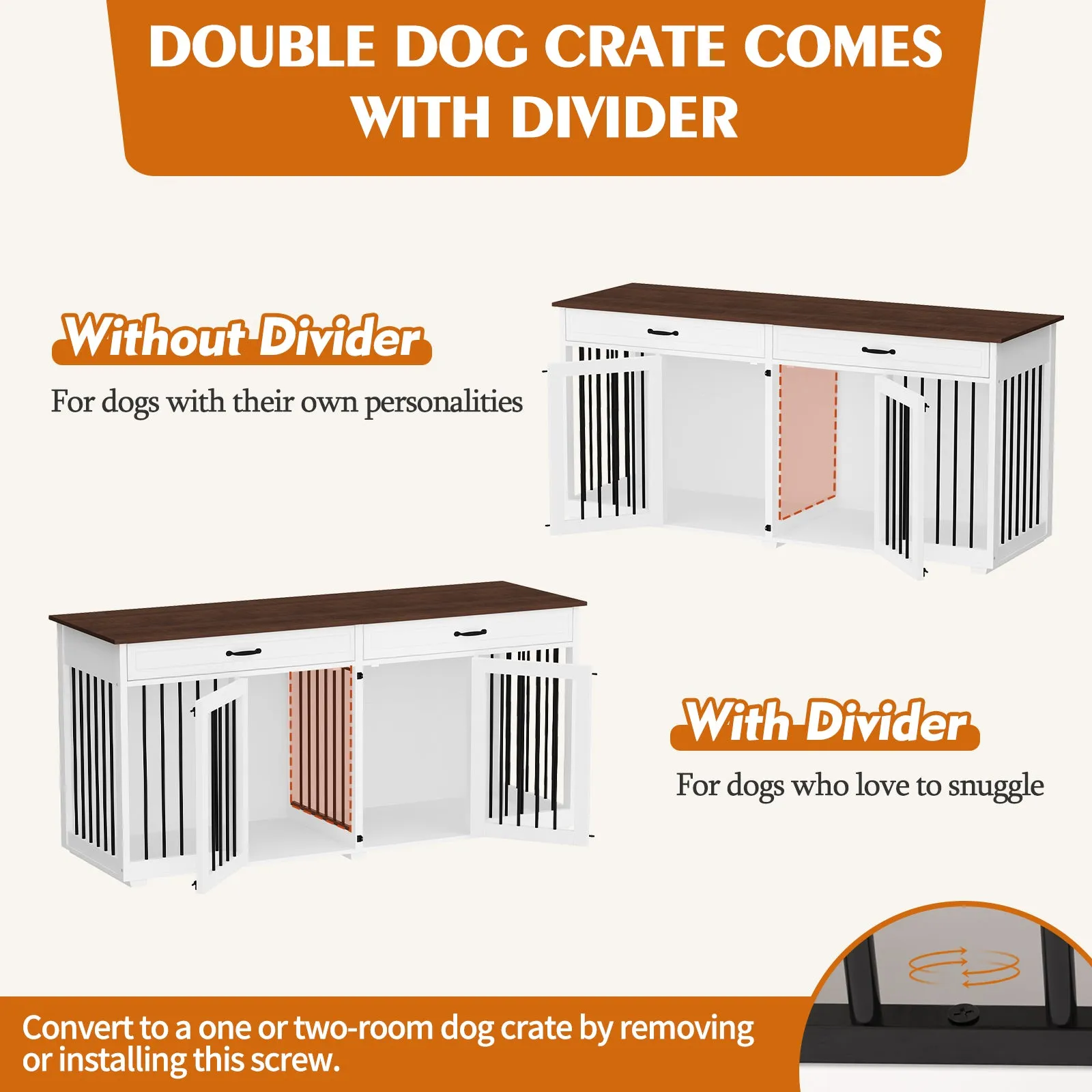 Large Wooden Dog Crate Furniture with 2 Drawers and Divider